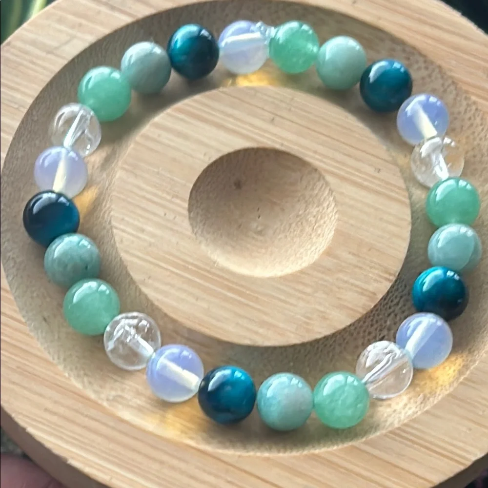 Handmade Amazonite +Blue Tigers Eye +Green Aventurine Quartz Beaded Bracelet